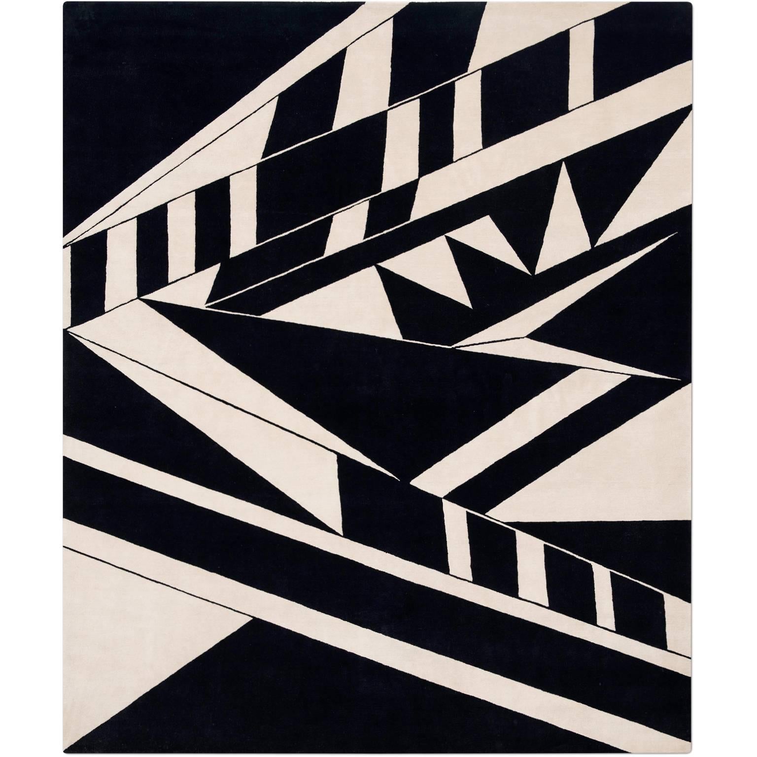 'Deco Black and White', Hand-Knotted Tibetan Modern Geometric Rug Wool & Silk For Sale