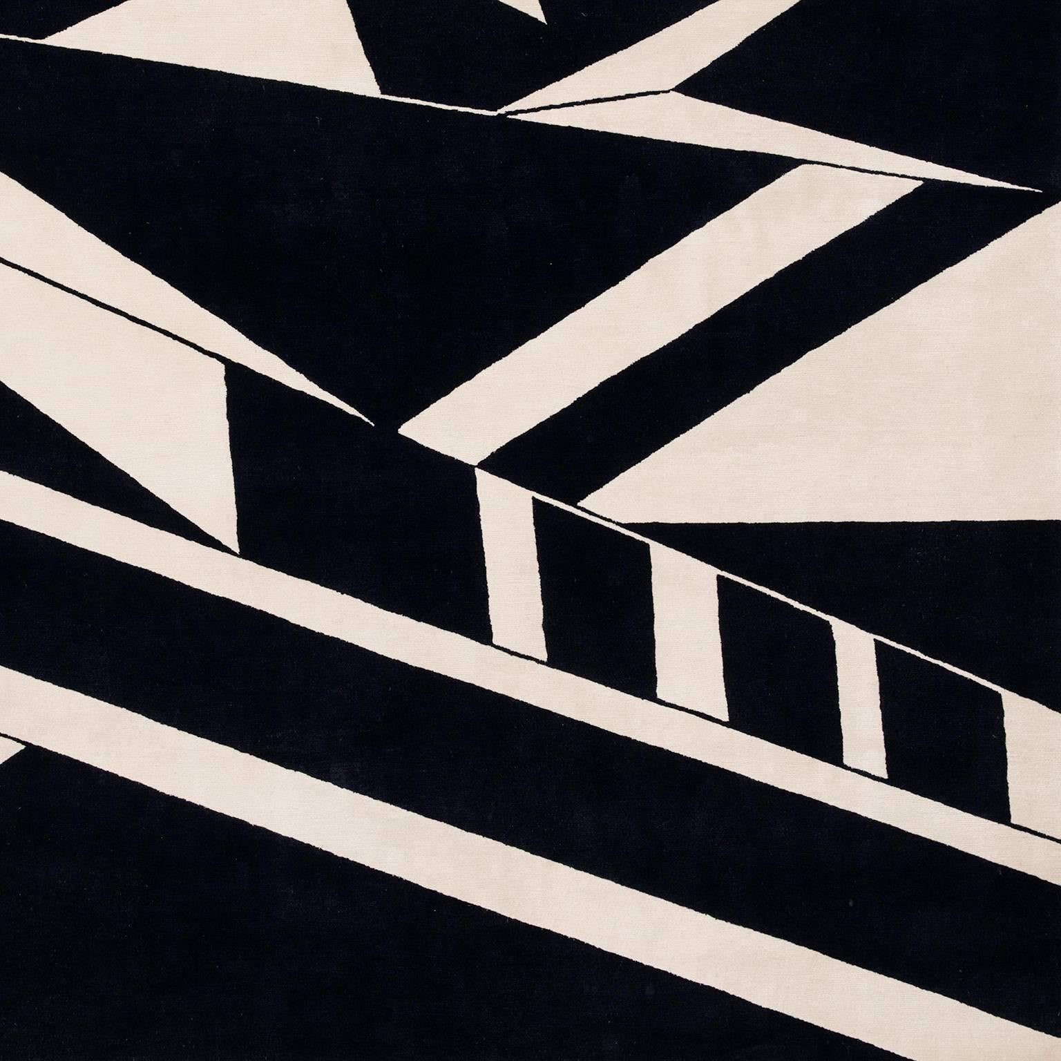 Contemporary 'Deco Black and White', Hand-Knotted Tibetan Modern Geometric Rug Wool & Silk For Sale