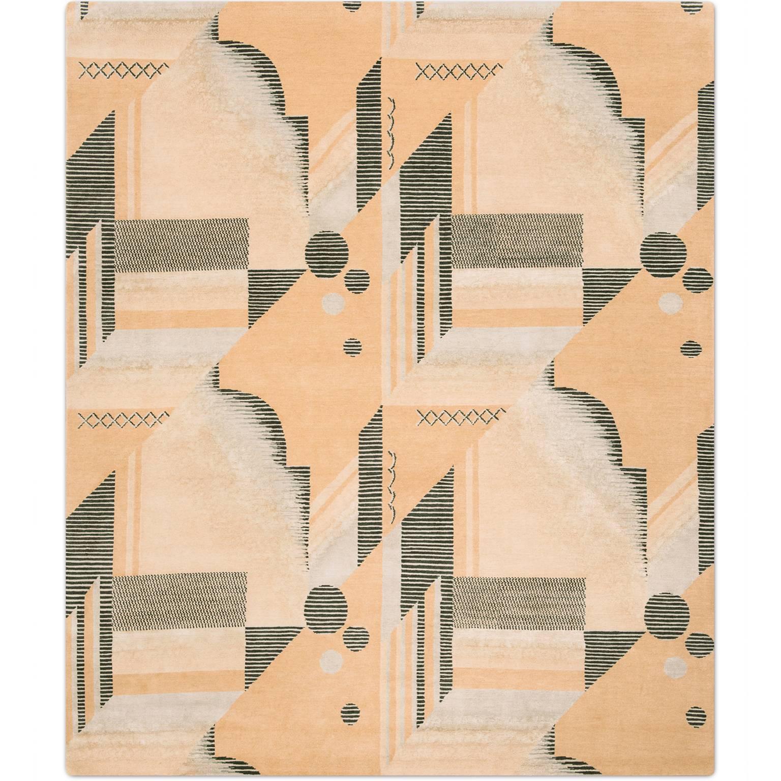 'Art Deco_Melon' Hand-Knotted Tibetan Contemporary Geometric Rug Wool & Silk For Sale