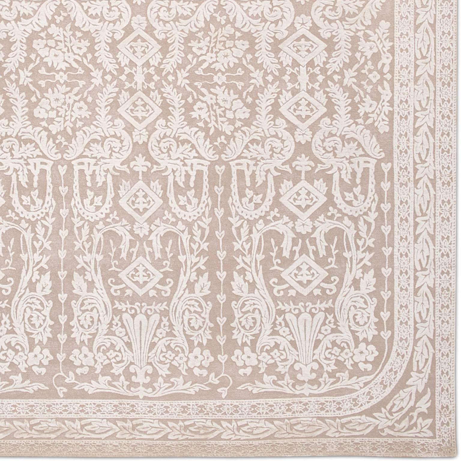 Nepalese 'Venetian_Blush', Hand-Knotted Tibetan Classic Rug Wool & Silk Made in Nepal For Sale