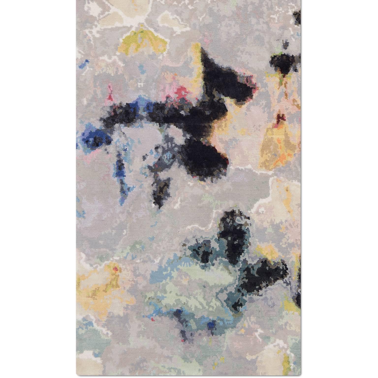 Nepalese 'Watercolors No. 03' Hand-Knotted Tibetan Contemporary Abstract Rug Wool & Silk For Sale