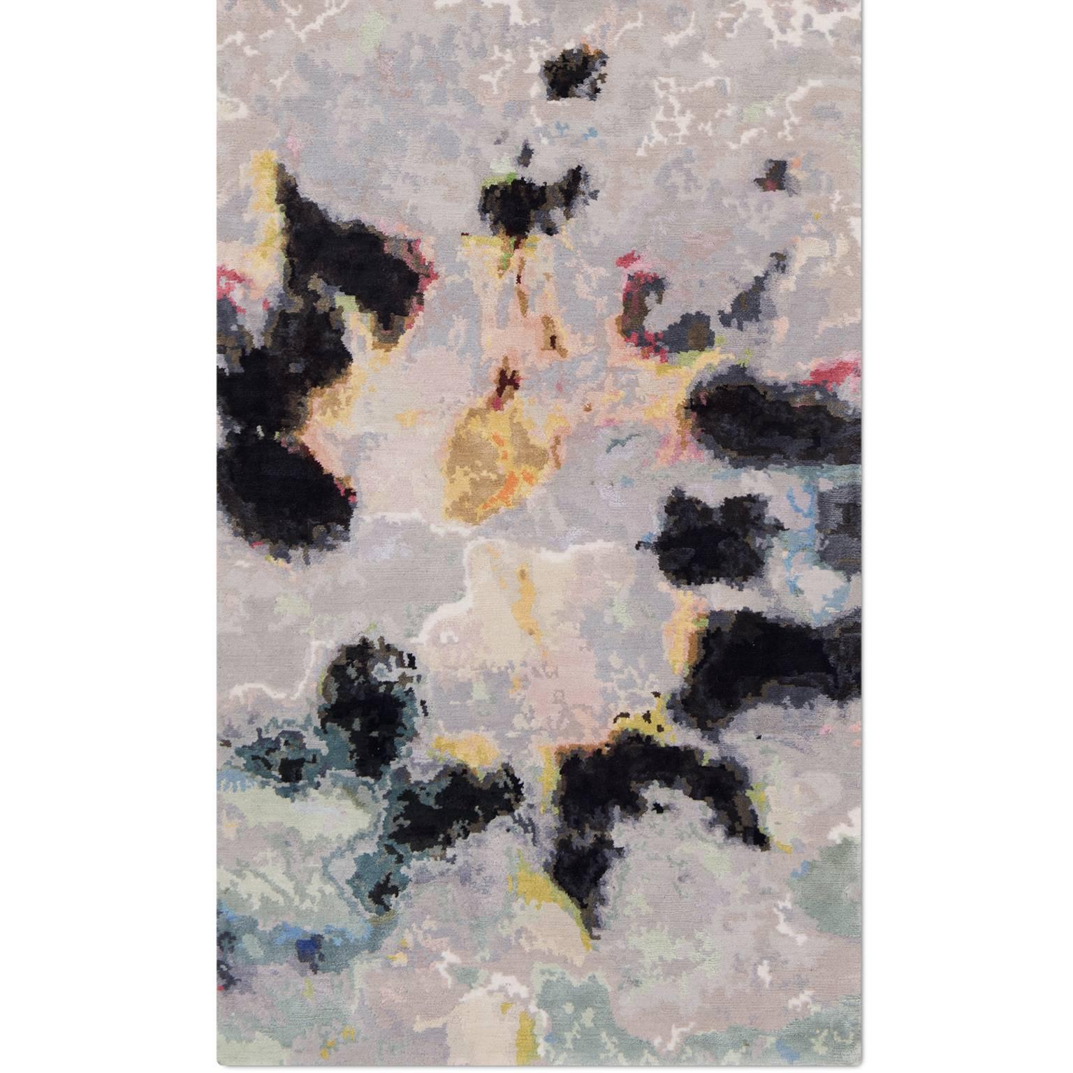 Nepalese 'Watercolours No. 01' Hand-Knotted Tibetan Contemporary Abstract Rug Wool & Silk For Sale