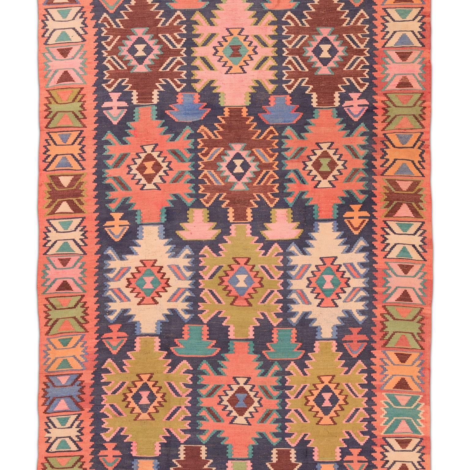 Hand-Woven Antique Caucasian Kilim 'Racing Car' pattern Coloured Wools For Sale