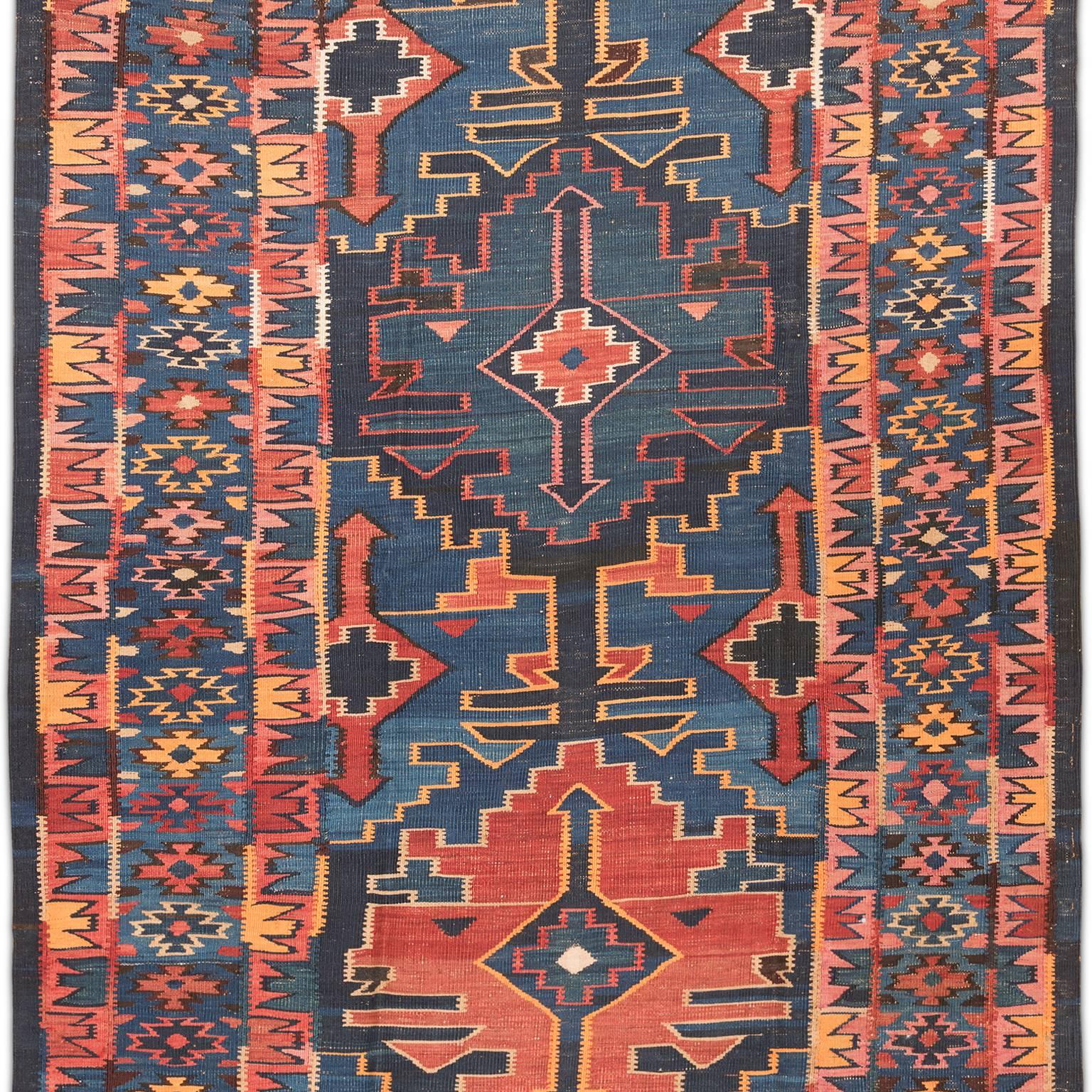 Hand-Woven Antique Caucasian Kilim Abrash For Sale