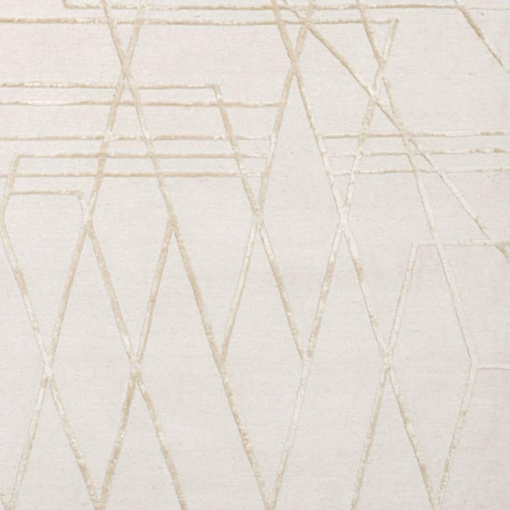 Contemporary 'Broken Lines No 01_Neutral' Hand-Knotted Tibetan Modern Geometric Rug Wool Silk For Sale