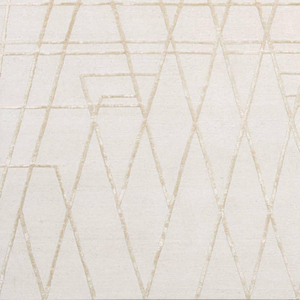 'Broken Lines No 01_Neutral' Hand-Knotted Tibetan Modern Geometric Rug Wool Silk For Sale 1