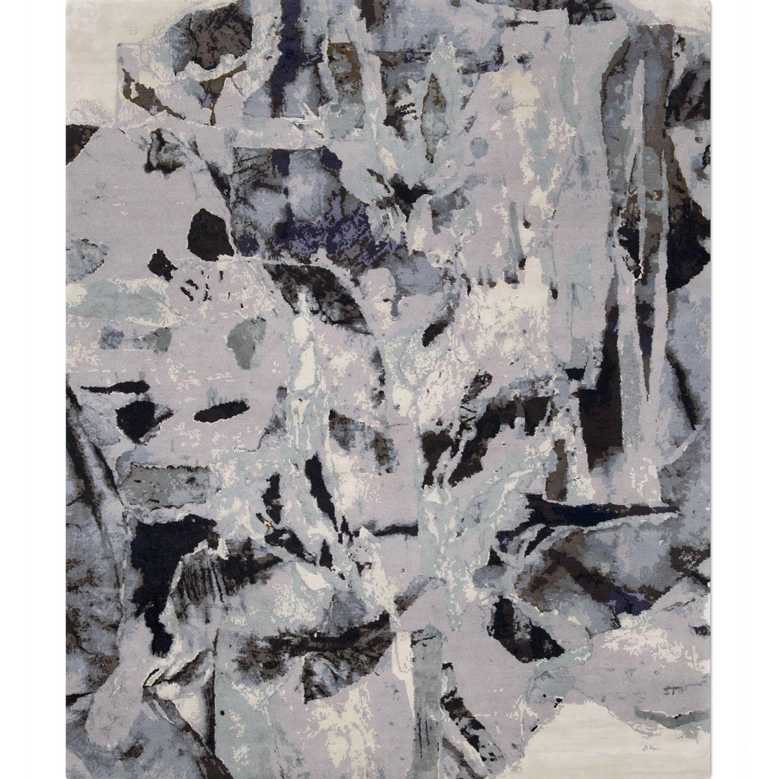 'Montage_Grey' Hand-Knotted Tibetan Contemporary Abstract Rug Wool & Silk For Sale