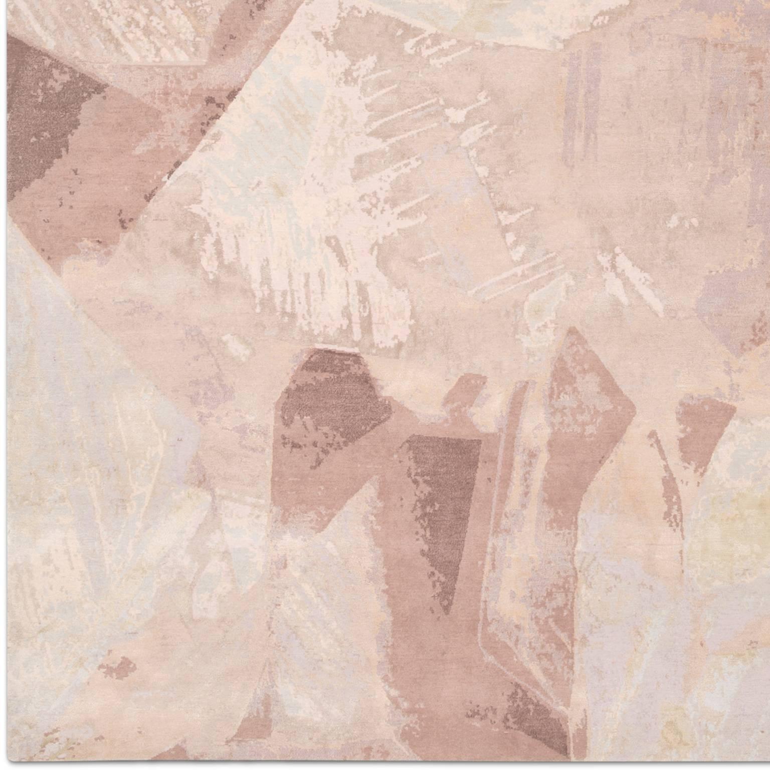 Nepalese 'Calcite Blush' Hand-Knotted Tibetan Contemporary Abstract Rug Wool & Silk For Sale