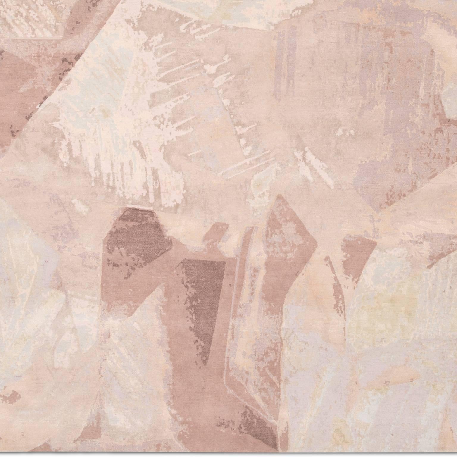 'Calcite Blush' Hand-Knotted Tibetan Contemporary Abstract Rug Wool & Silk For Sale 1
