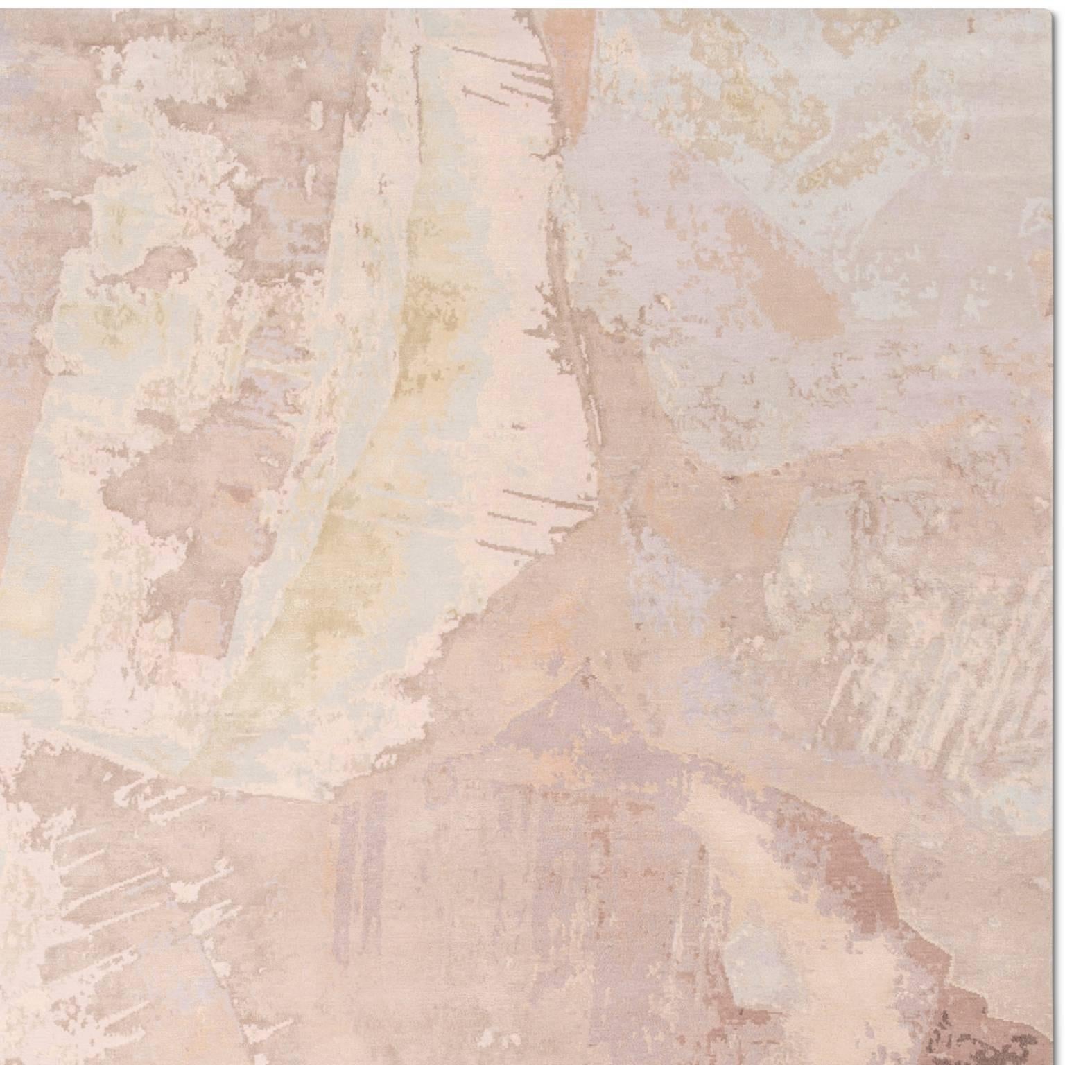 Modern 'Calcite Blush' Hand-Knotted Tibetan Contemporary Abstract Rug Wool & Silk For Sale