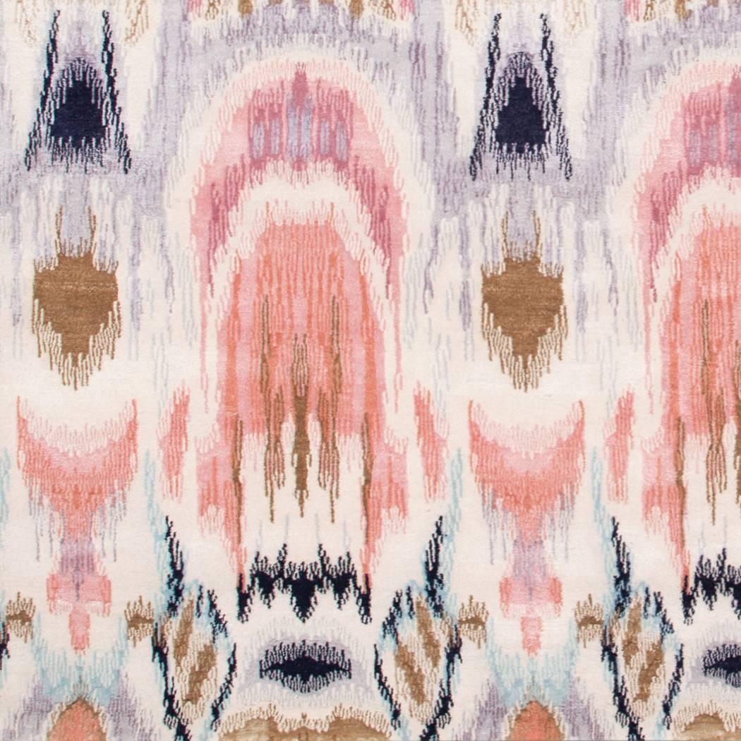 Ekat Fashion is produced in two coloways and is available in 100% wool and a wool and silk version. This multi-color Ikat rug has a lovely movement that resembles the unpredictable and unique designs of the original ikat fabrics. Bespoke sizes and