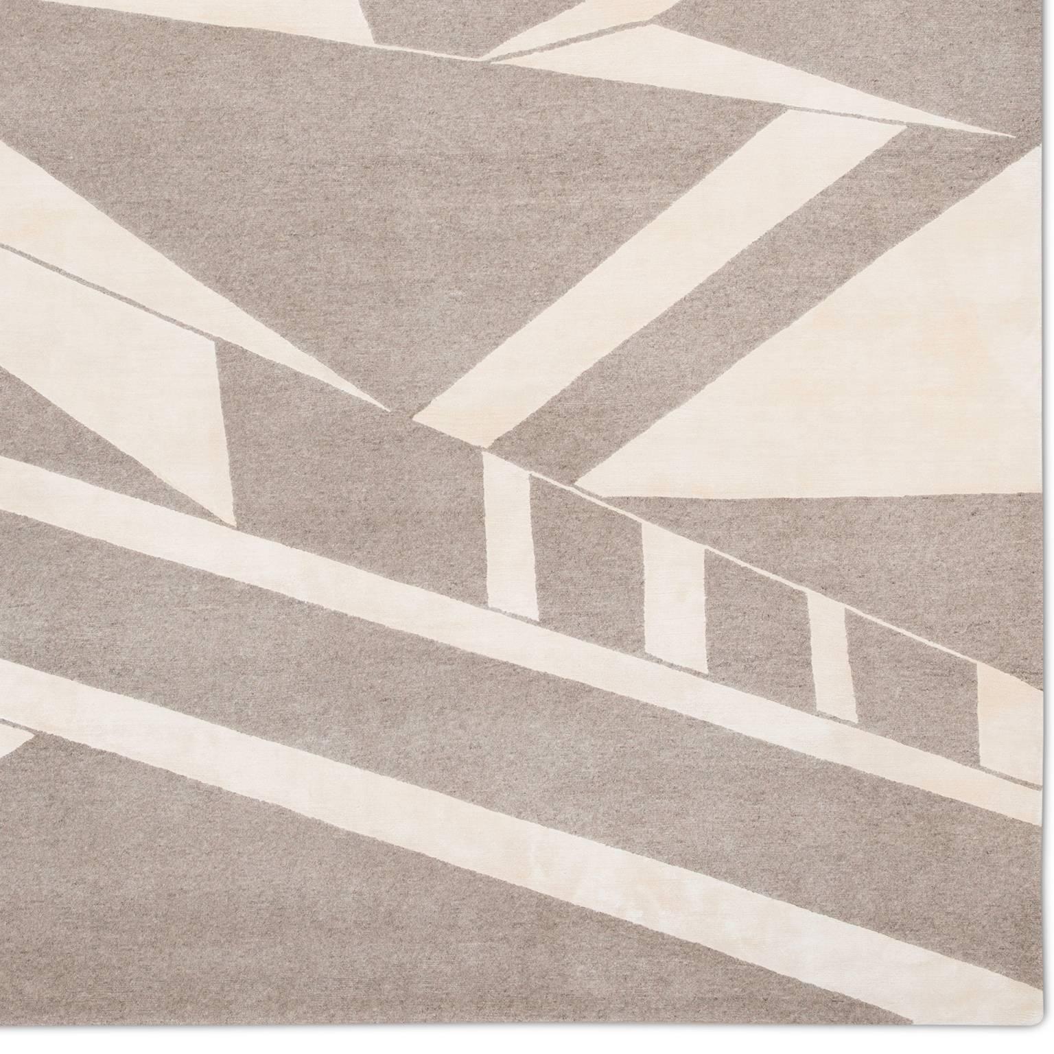 'Deco_Natural' Hand-Knotted Tibetan Contemporary Geometric Rug Wool & Silk Nepal For Sale 2