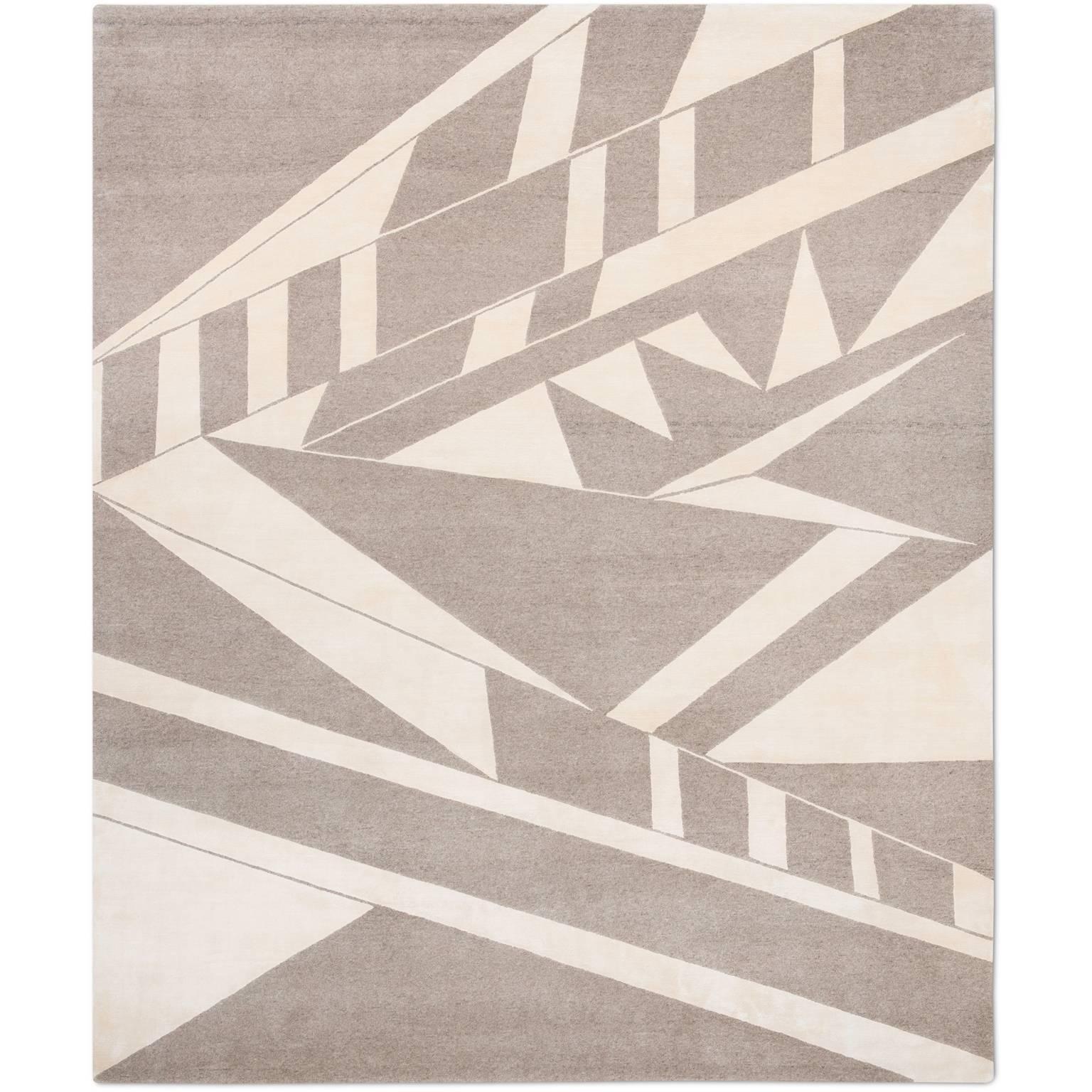 'Deco_Natural' Hand-Knotted Tibetan Contemporary Geometric Rug Wool & Silk Nepal For Sale