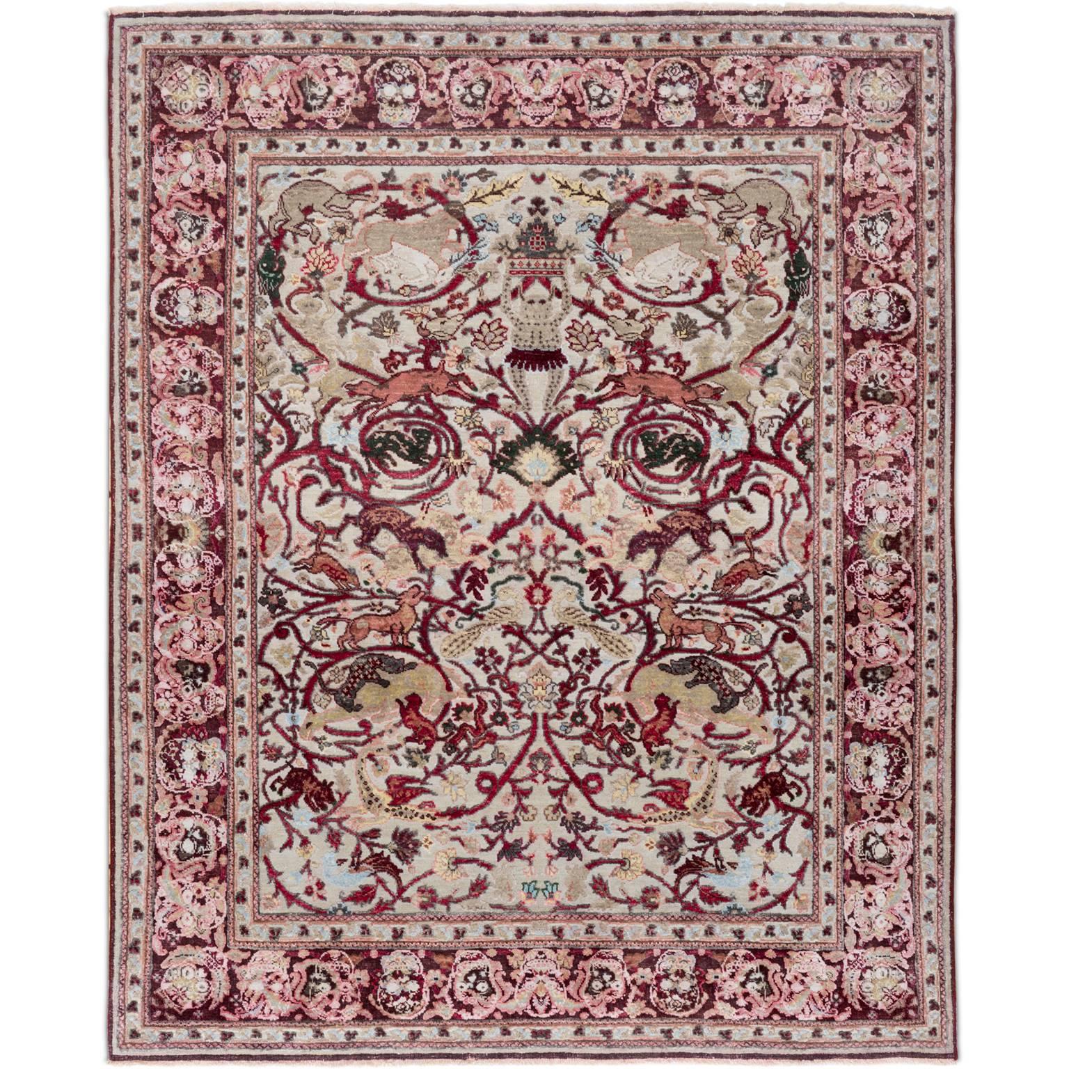 17th Century Modern Mexican Skulls Persian Knot Modern Vintage Rug Wool Silk For Sale