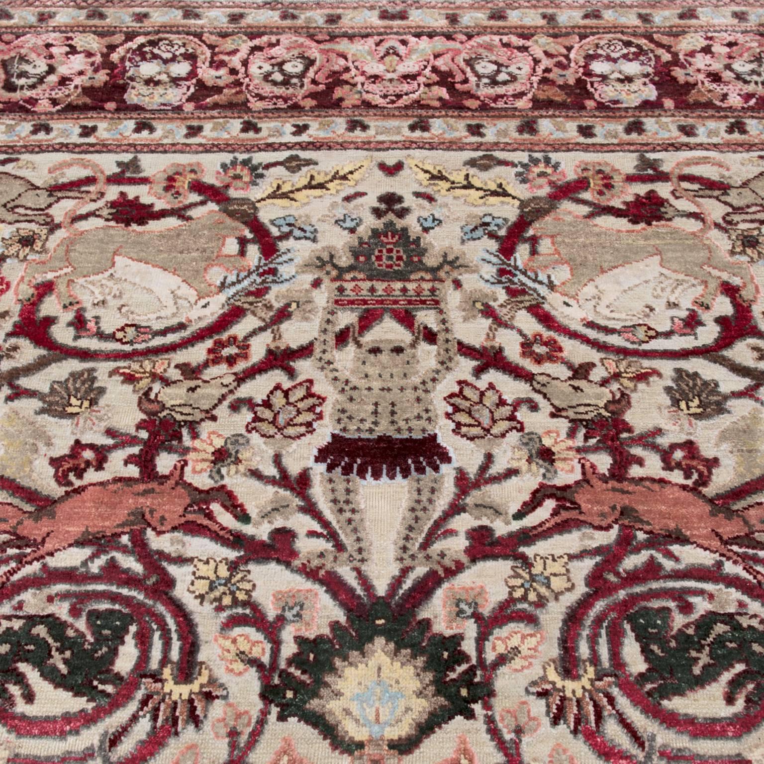 Knots Rugs presents 17th Century Modern Mexican Skulls. Produced in Jaipur in 11/11 Persian knot quality from oxidized wool and silk.
This rug is number 1/10 of this special Limited Edition collection produced by Knots Rugs. This rug is based on a