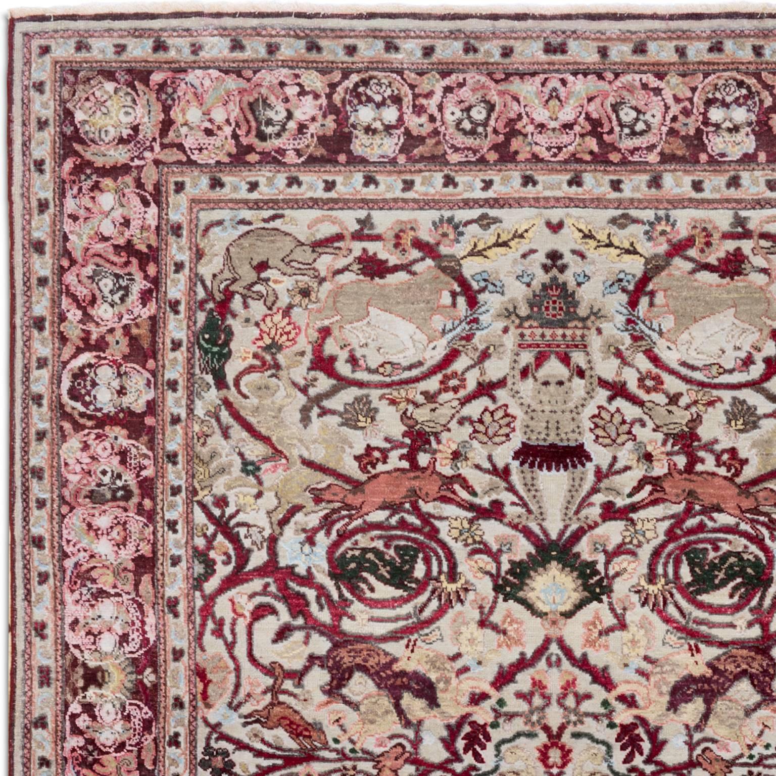 Indian 17th Century Modern Mexican Skulls Persian Knot Modern Vintage Rug Wool Silk For Sale