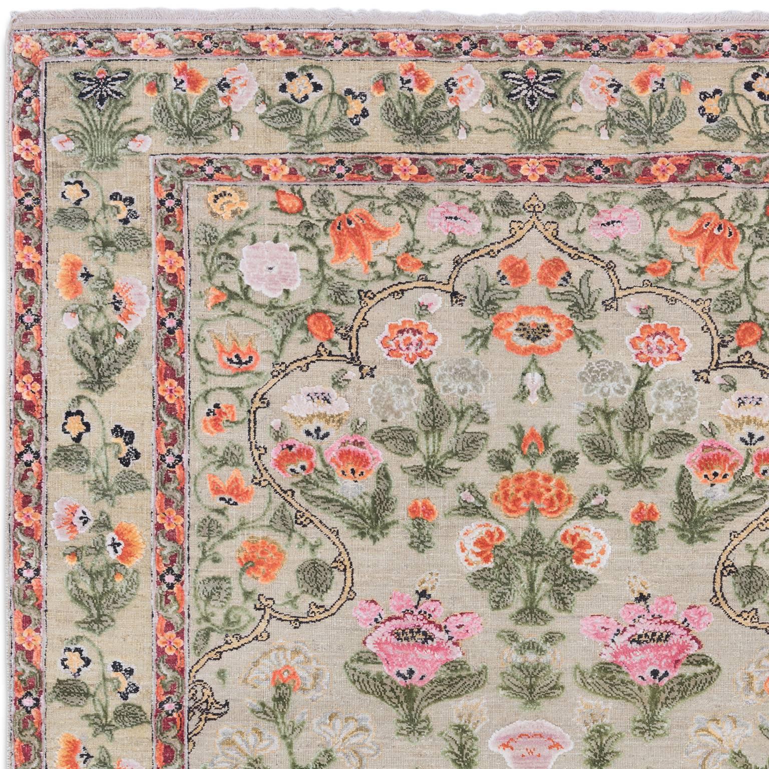 Modern '17th Century Classic_Mughal No. 01' Jaipur Persian Knot Vintage Rug Wool Silk For Sale