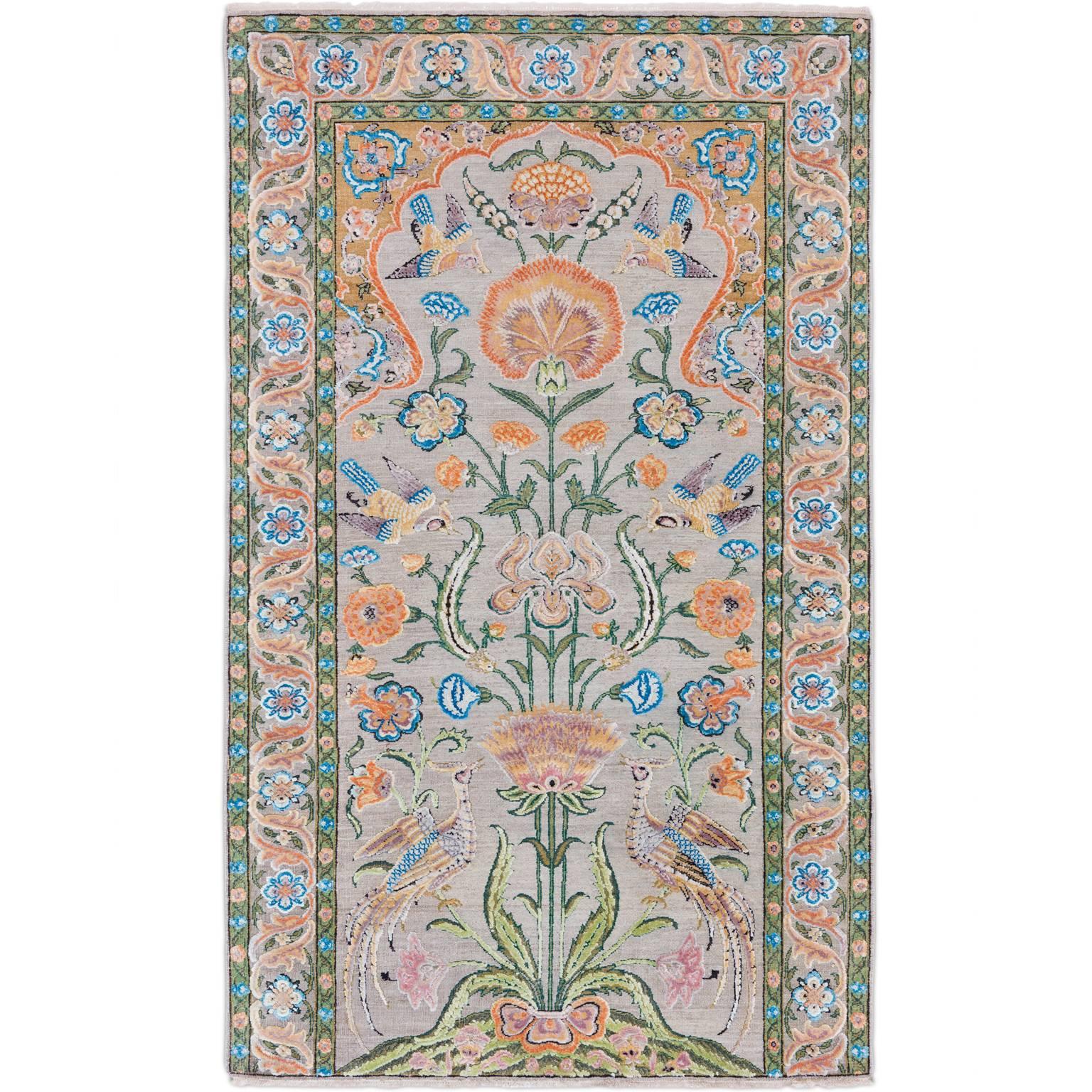 '17th Century Classic_Mughal No. 02'  Jaipur Persian Knot Vintage Rug Wool Silk For Sale