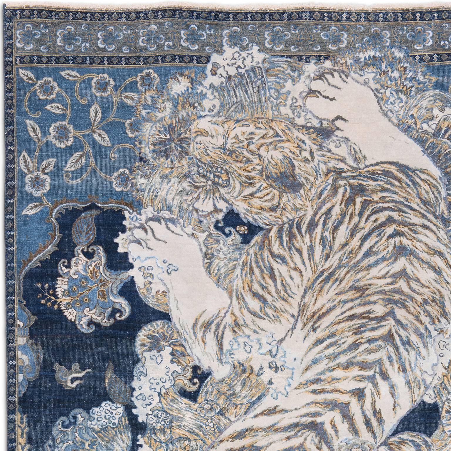 Knots Rugs presents the 17th Century Modern Tibetan Tiger. Produced in Jaipur in 11/11 Persian knot quality from oxidized wool and silk. This piece is number 1/10 of this special Limited Edition collection produced by Knots Rugs. The collection is