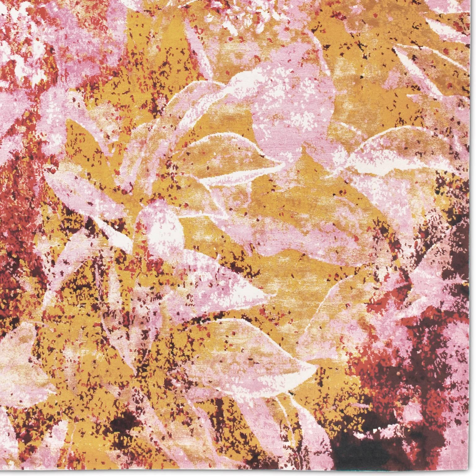 'Country Garden_Pink' Hand-Knotted Tibetan Contemporary Abstract Rug Wool & Silk In New Condition For Sale In London, GB