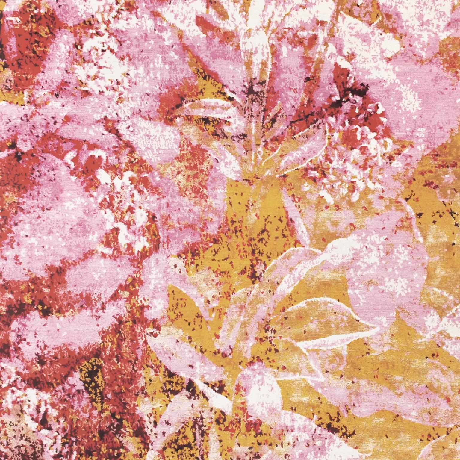 'Country Garden_Pink' Hand-Knotted Tibetan Contemporary Abstract Rug Wool & Silk For Sale 1