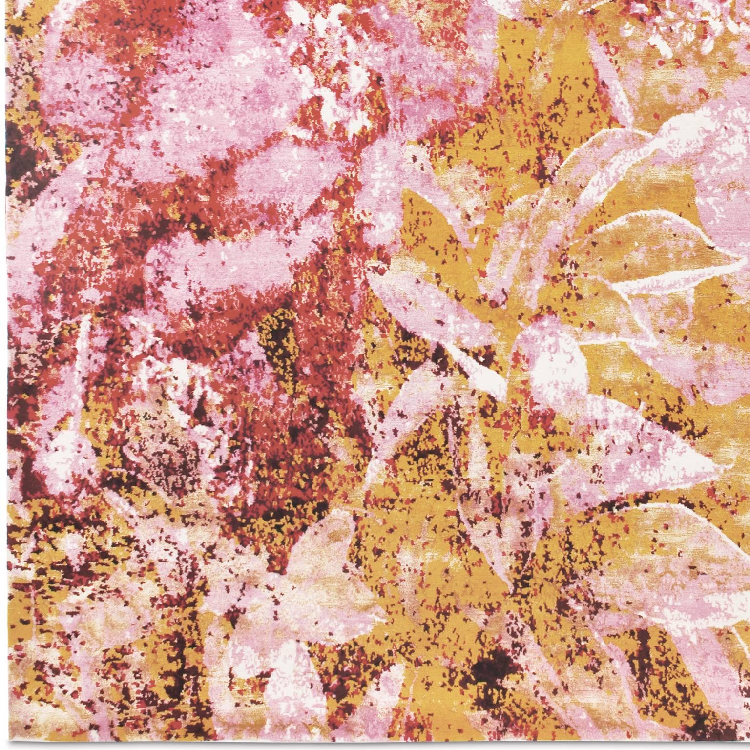 Modern 'Country Garden_Pink' Hand-Knotted Tibetan Contemporary Abstract Rug Wool & Silk For Sale