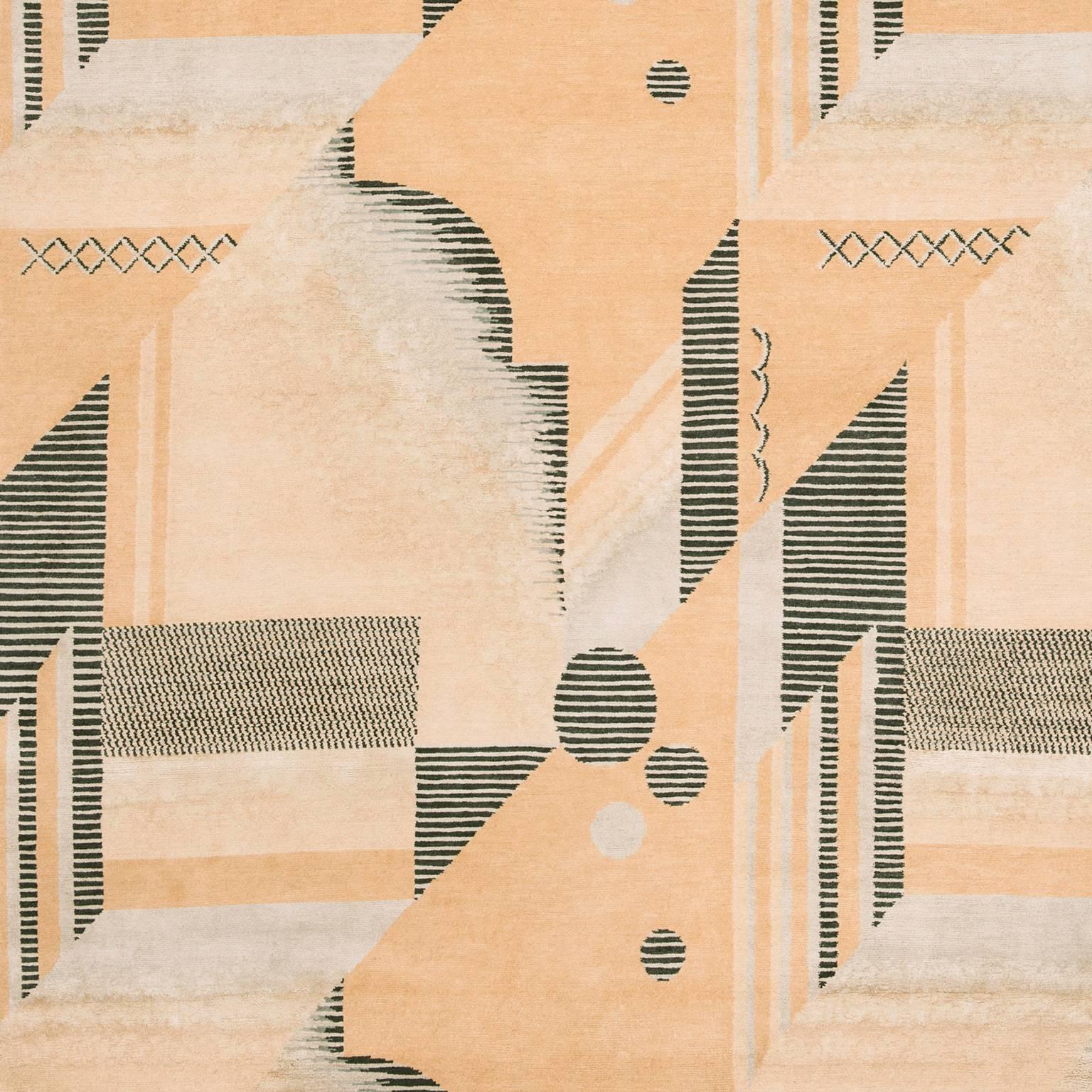 The inspiration behind this modernistic Art Deco rug came from an original piece of Art Deco fabric. This 1920s geometric design has been updated using fresh modern colors, a combination of eras creating a timeless Classic rug. ‘Art Deco’ has been