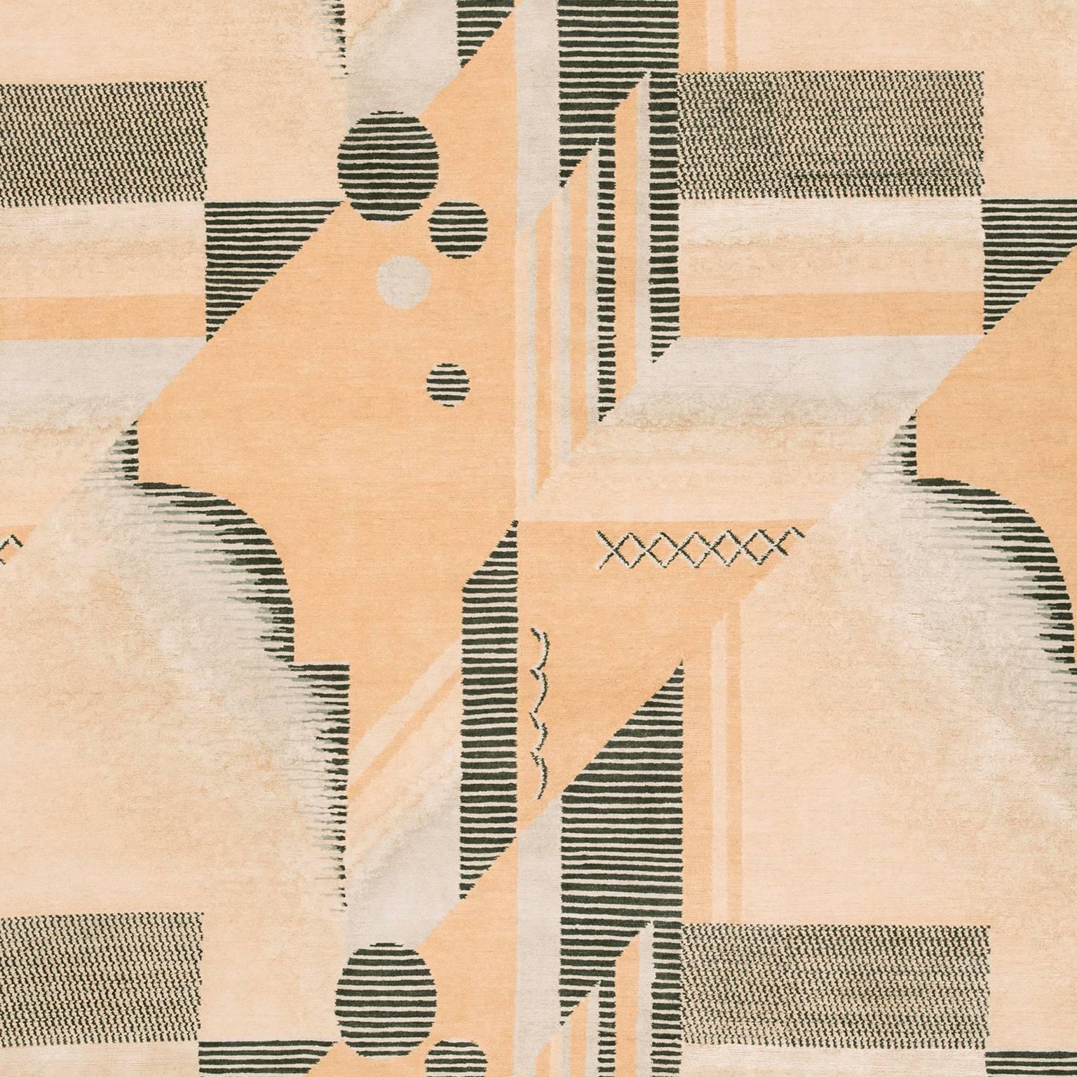 Nepalese 'Art Deco_Melon' Hand-Knotted Tibetan Contemporary Geometric Rug Wool & Silk For Sale