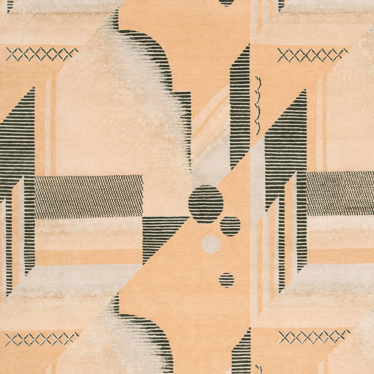 'Art Deco_Melon' Hand-Knotted Tibetan Contemporary Geometric Rug Wool & Silk In New Condition For Sale In London, GB