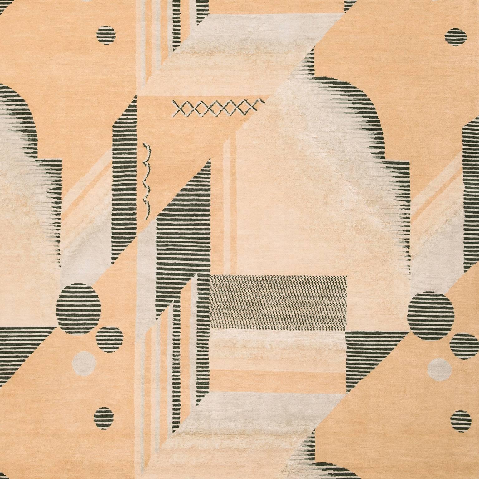 'Art Deco_Melon' Hand-Knotted Tibetan Contemporary Geometric Rug Wool & Silk For Sale 1