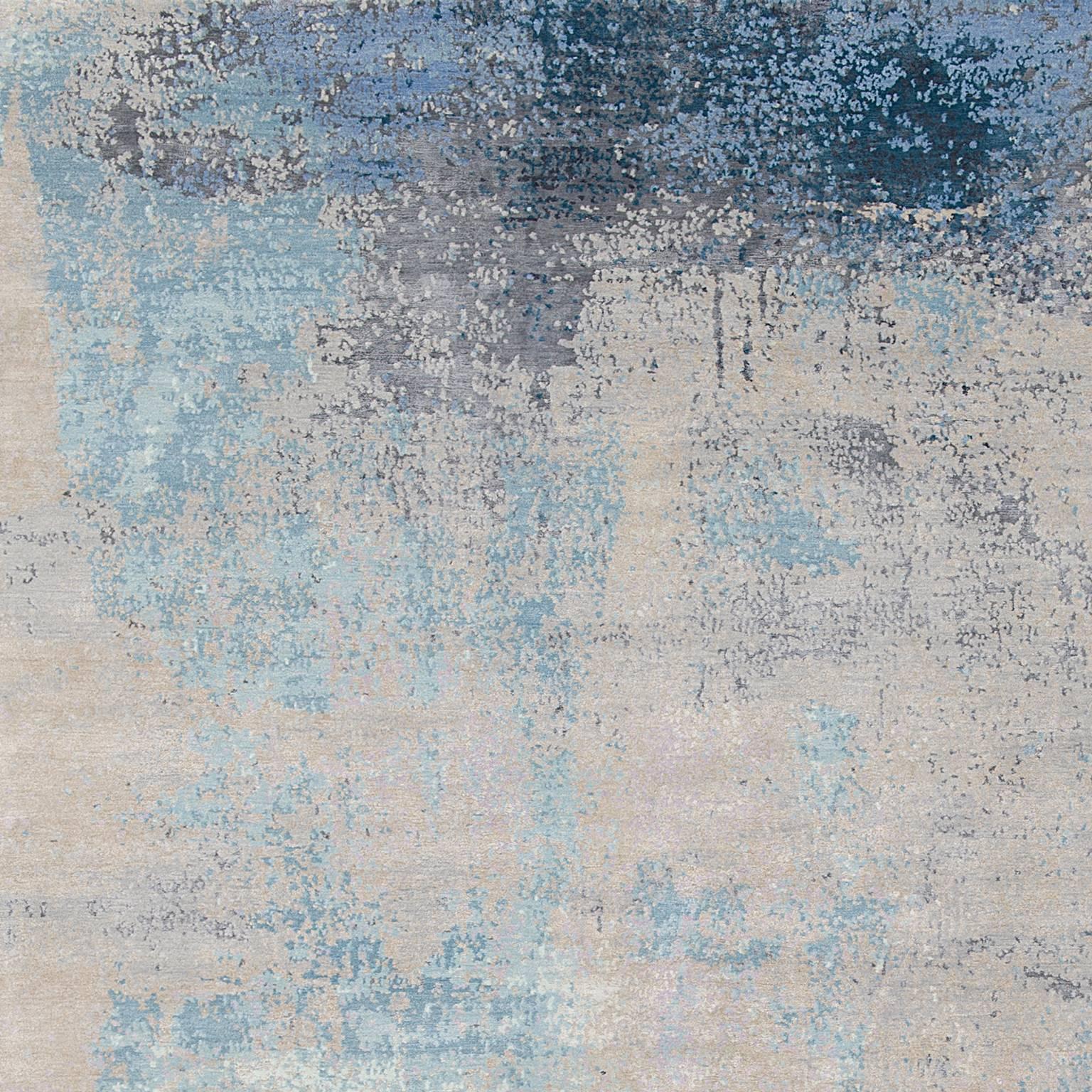 Nepalese 'Elements No.01 Serene' Hand-Knotted Tibetan Modern Abstract Rug Wool & Silk For Sale