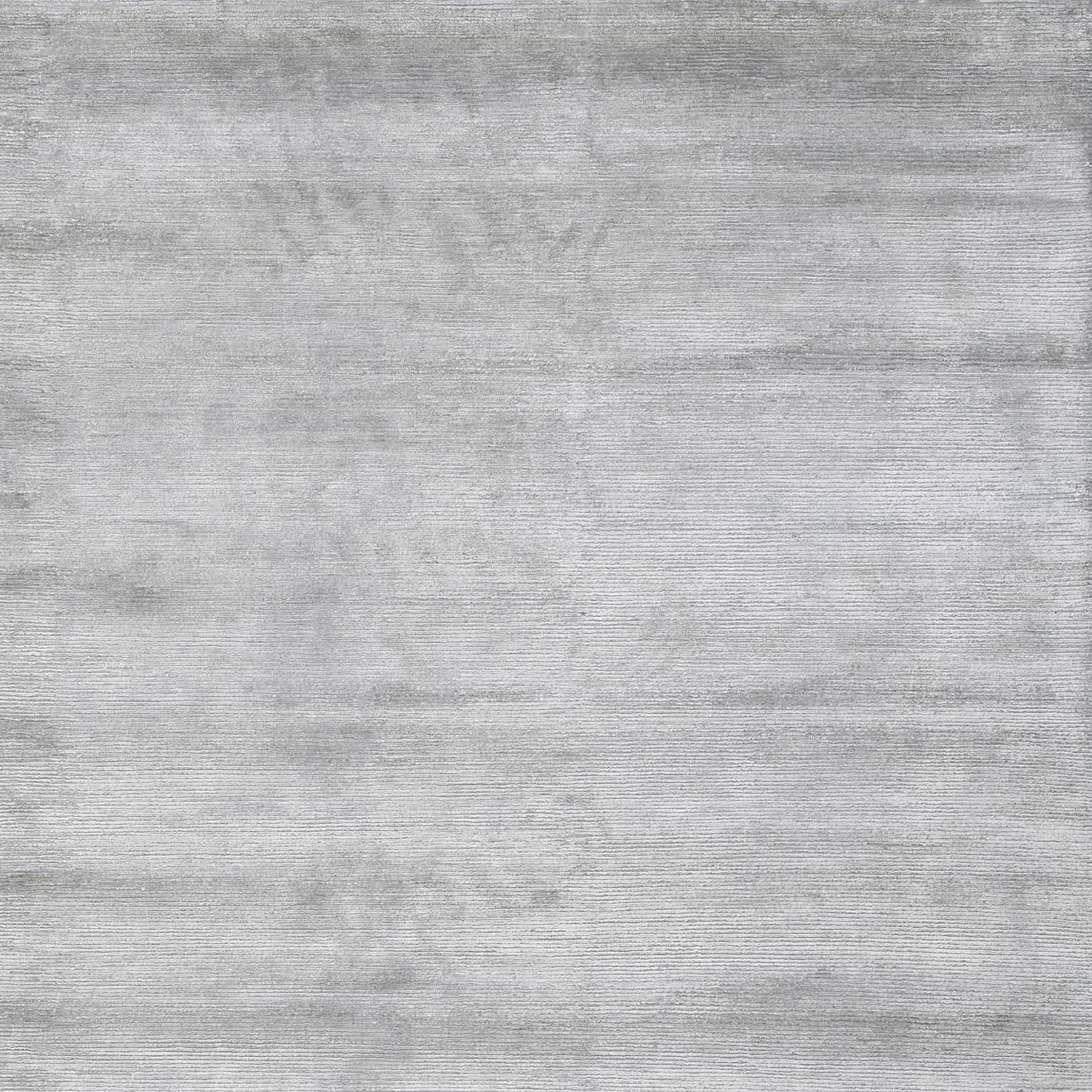 Nepalese 'Silk Lines_Silver' Hand-Knotted Tibetan Modern Plain Neutral Rug Wool & Silk For Sale