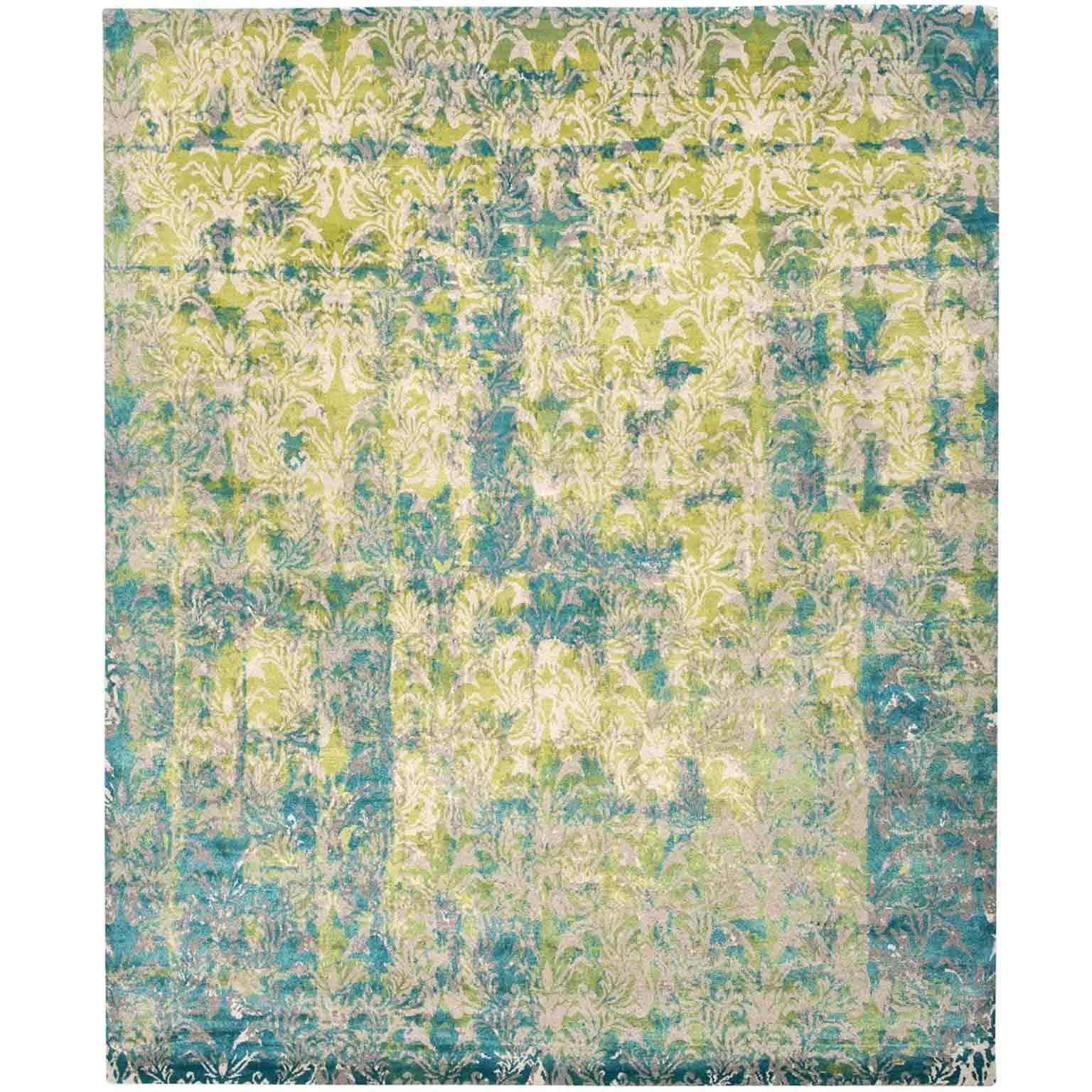 'Cover_Acid Green' Hand-Knotted Tibetan Contemporary Abstract Rug Wool & Silk For Sale