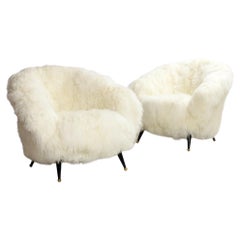 Pair of Sheepskin "Tellus" Folke Jansson Armchairs for SM Wincrantz Sweden 50s