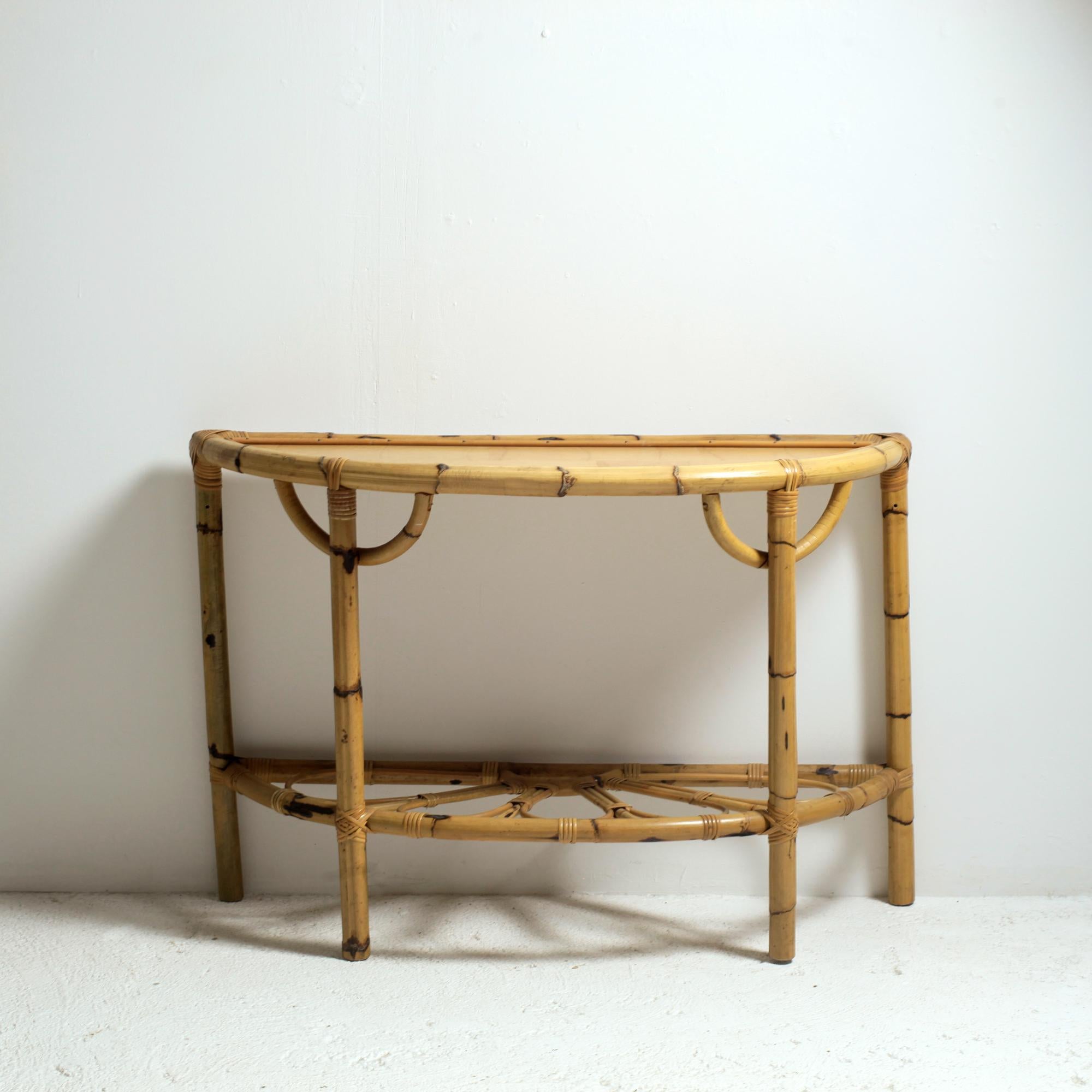 Mid-Century Modern Bamboo Rattan Demi-Lune Console Table and Large Mirror Italy 1970s For Sale