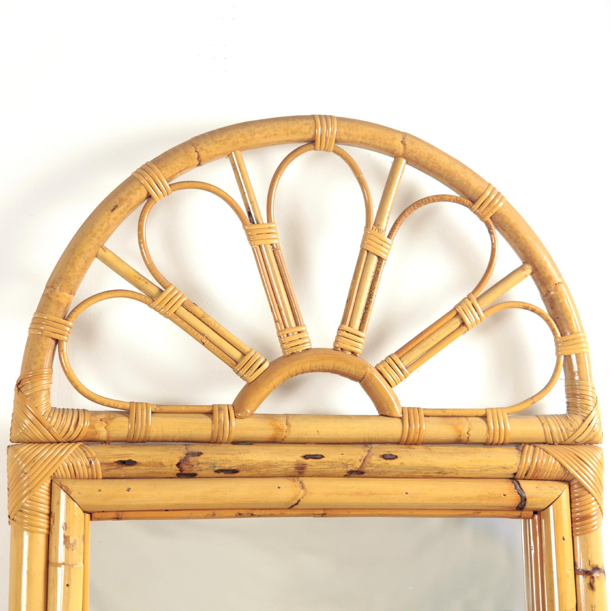 Italian Bamboo Rattan Demi-Lune Console Table and Large Mirror Italy 1970s For Sale