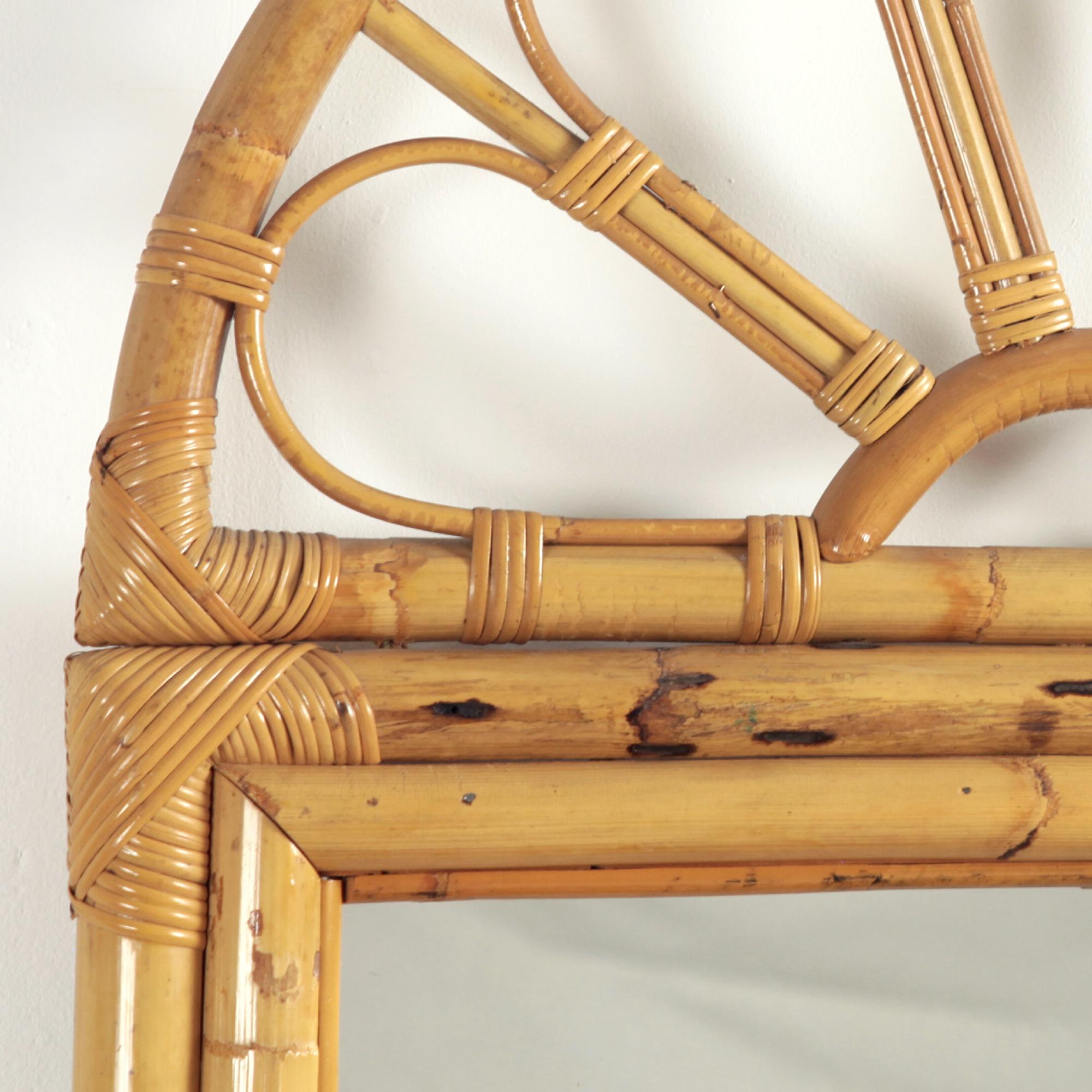 Hand-Crafted Bamboo Rattan Demi-Lune Console Table and Large Mirror Italy 1970s For Sale