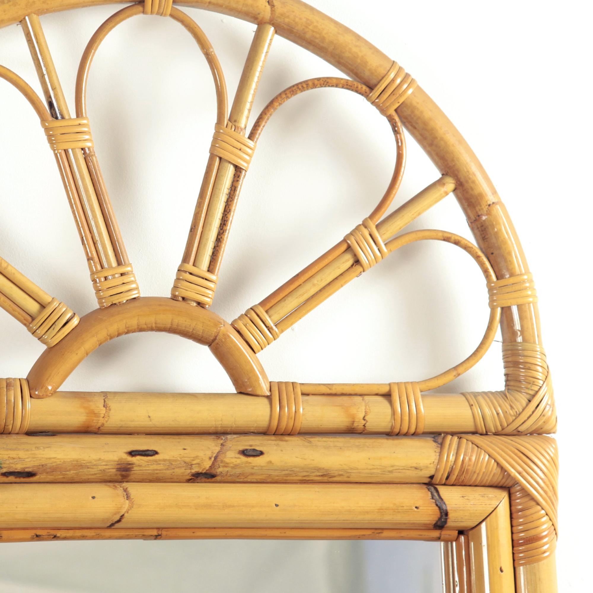 Late 20th Century Bamboo Rattan Demi-Lune Console Table and Large Mirror Italy 1970s For Sale