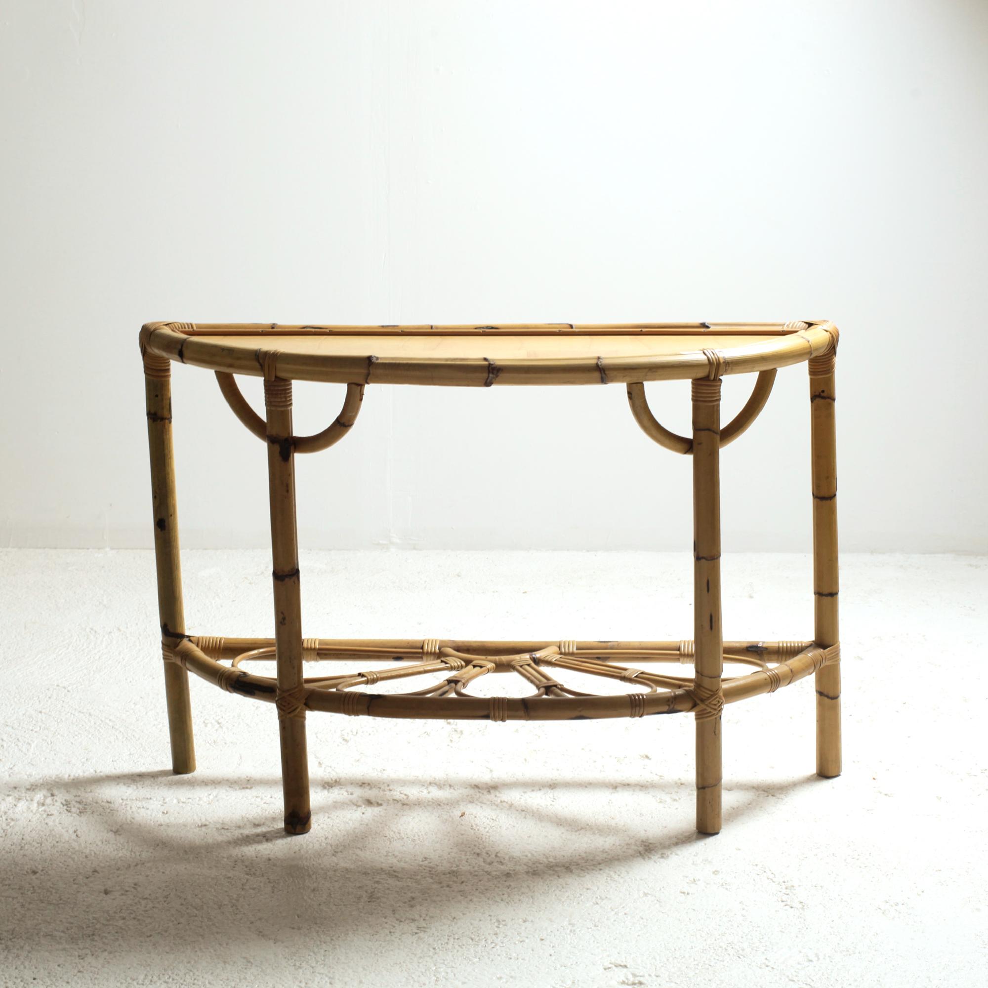 Bamboo Rattan Demi-Lune Console Table and Large Mirror Italy 1970s For Sale 1