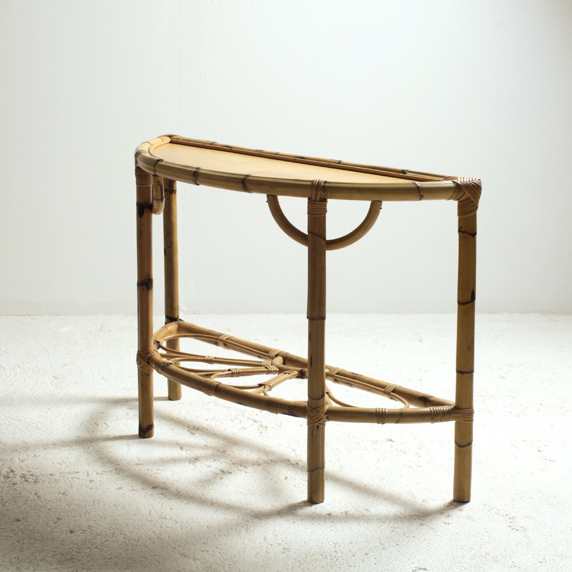 Bamboo Rattan Demi-Lune Console Table and Large Mirror Italy 1970s For Sale 3