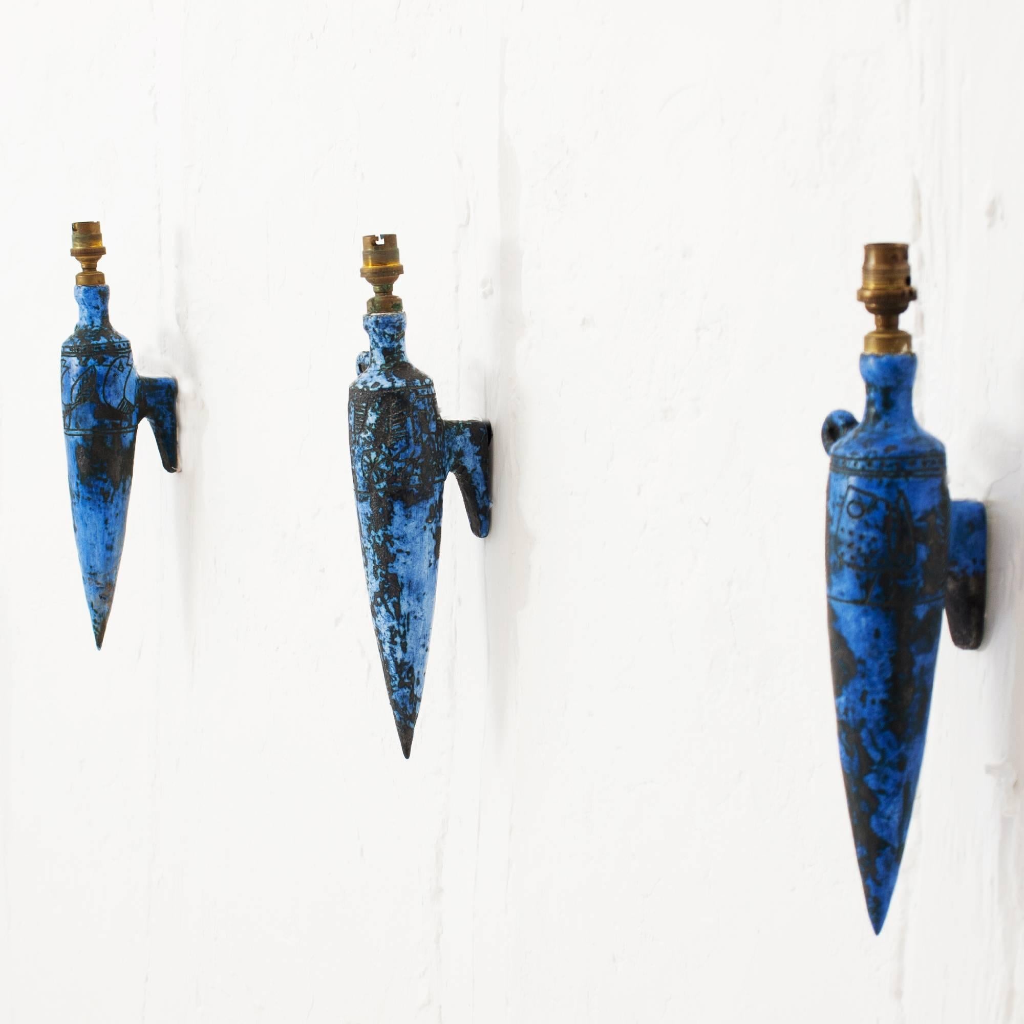 Rare Jacques Blin Ceramic Blue Sconces Set of Three, 1950s, France In Excellent Condition In Saint  Ouen, FR