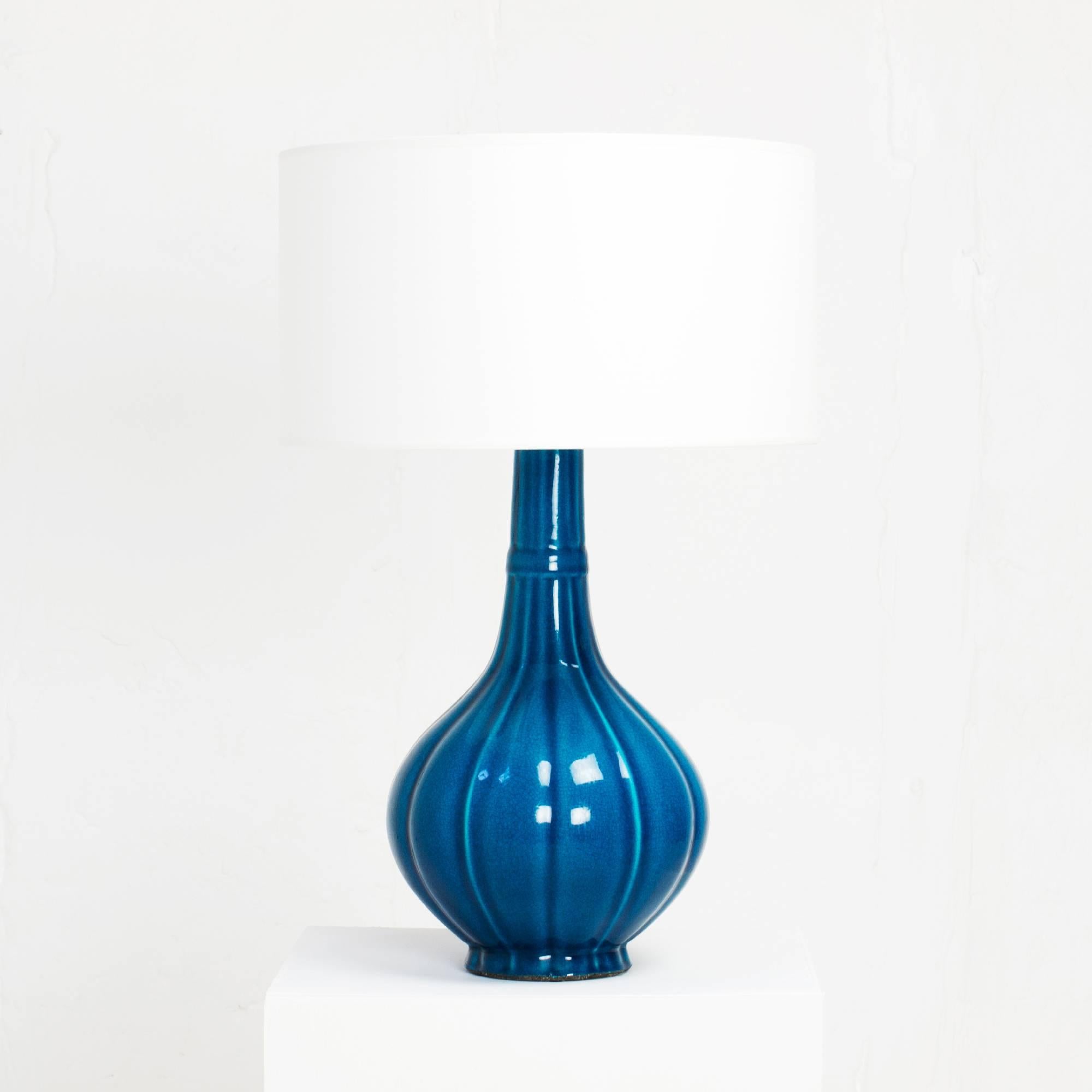 Blue crackle glaze ceramic table lamp by Pol Chambost from 1972 (dated and signed).