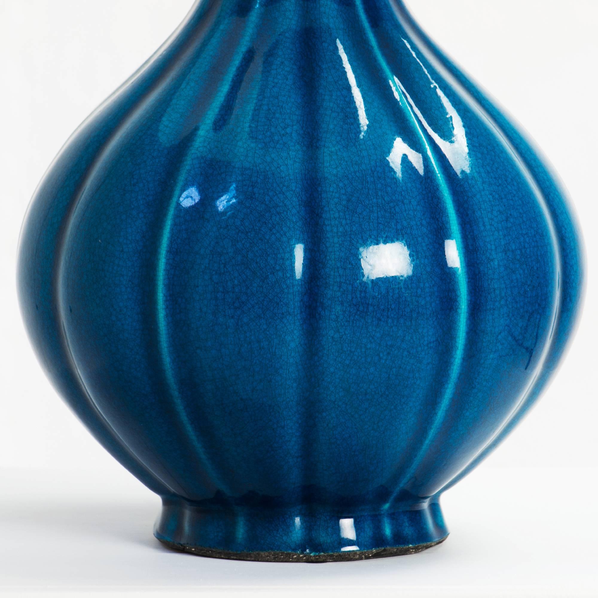 Enameled Pol Chambost Blue Crackle Glaze Ceramic Lamp