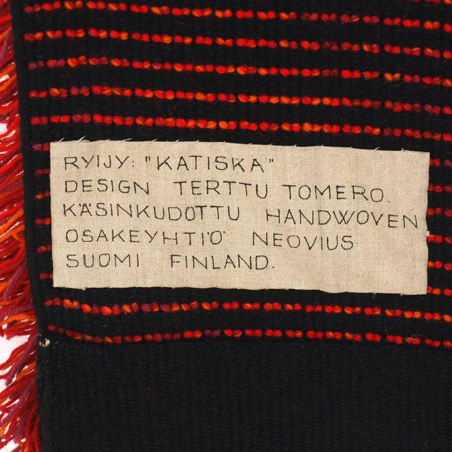 Finnish Terttu Tomero Katiska Fishtrap Red Wool Ryijy Rug Finland, 1960s Design For Sale