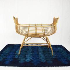 Vintage French Rattan and Bamboo Cradle on Wheels, 1960s