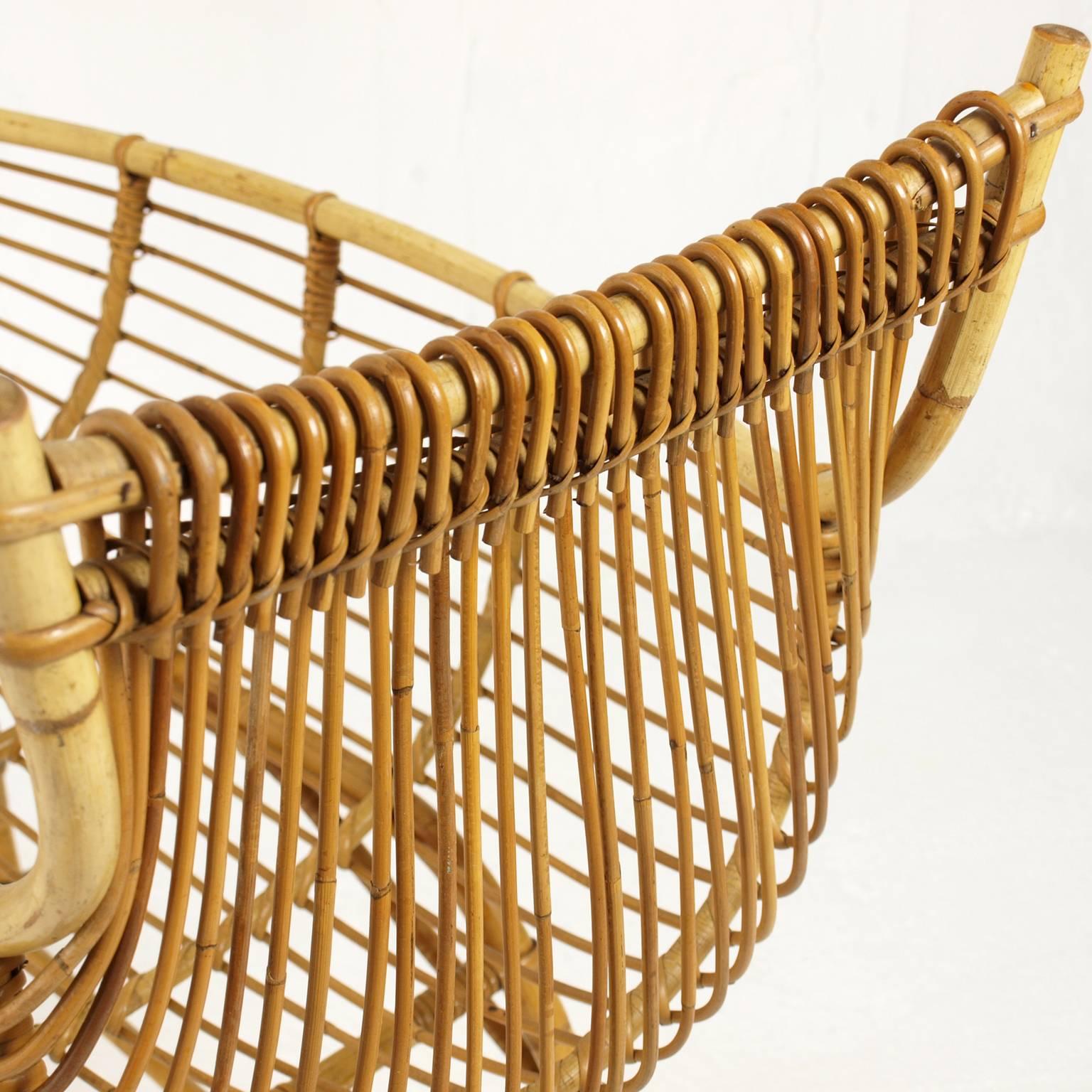 Mid-Century Modern Vintage French Rattan and Bamboo Cradle on Wheels, 1960s