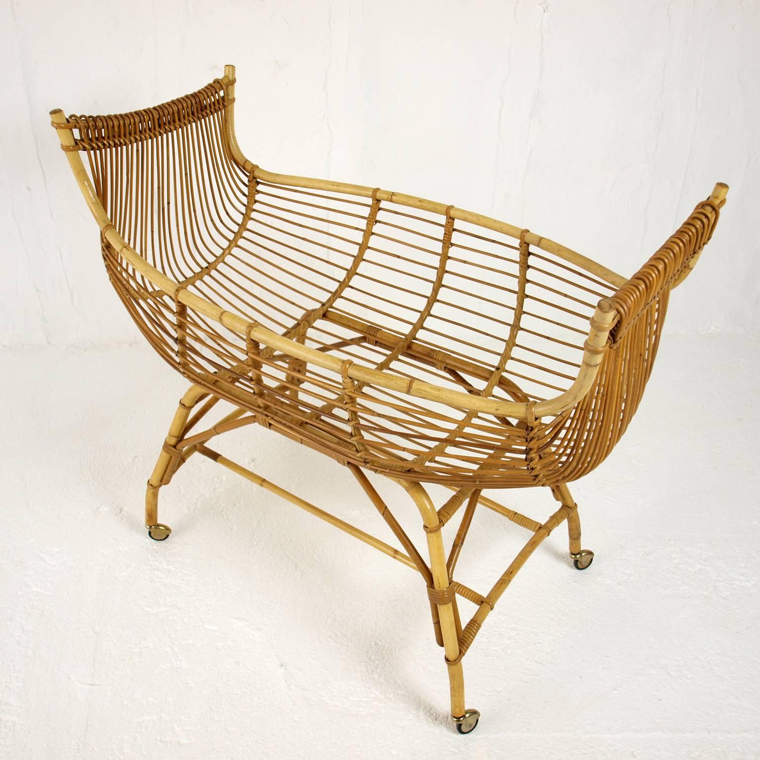 Vintage French Rattan and Bamboo Cradle on Wheels, 1960s 2