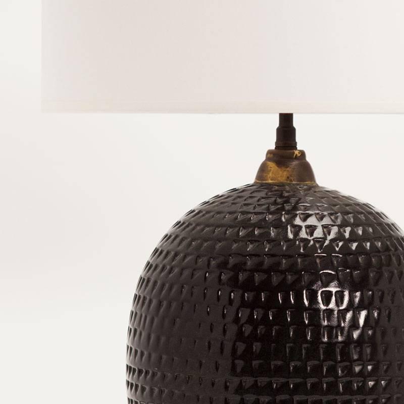 Brass Midcentury French Black Ceramic Table Lamp, 1950s