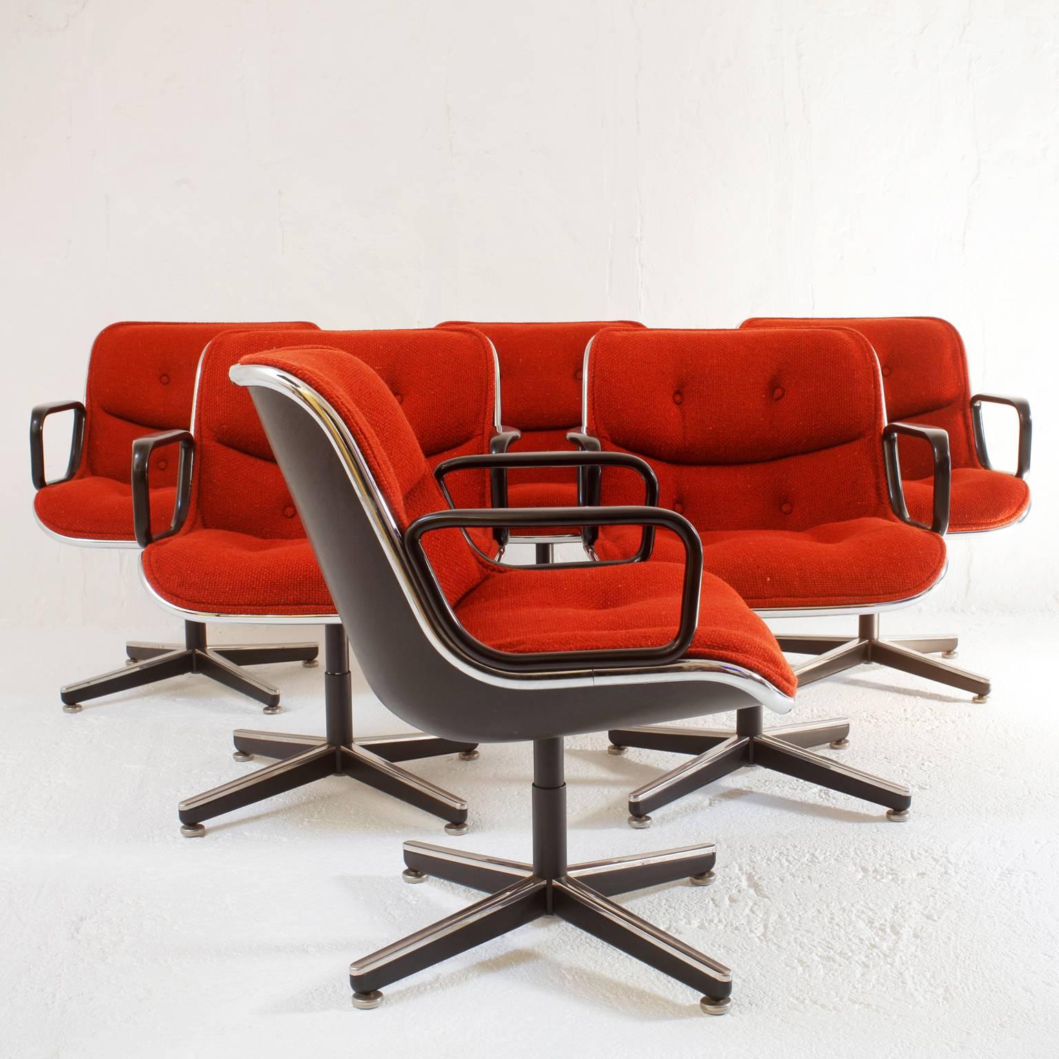 Set of six Charles Pollock executive swivel armchairs for Knoll.
Original orange color wool upholstery. 
Four-branch star chrome-plated legs,
circa 1970.
