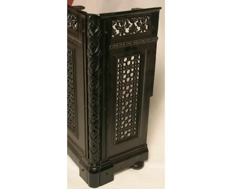 Four Arts and Crafts cast iron radiator covers or console tables were made by The Liverpool and Macclesfield Cast Iron Co in the 1860s. 
Please note the five in the main picture are now sold, the remaining four shown in the last image have been